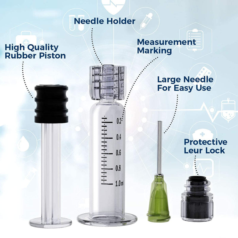 MyMed 10 Pack Borosilicate Glass Luer Lock Syringe 1ml Capacity Reusable Glass Syringes - Use for Arts and Crafts, Thick Liquids, Oils, Vet, Glue, Lab, Ink with 10GA Blunt Tip Pet Safe Needles