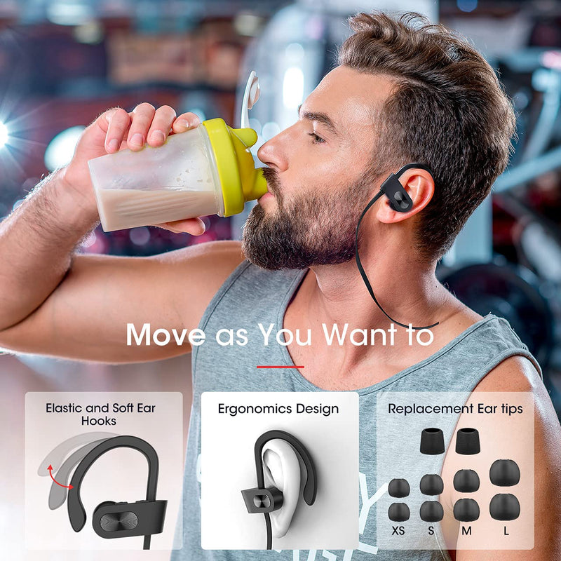 Bluetooth Headphones V5.0, Flame Running Headphones w/16 Hrs Playtime, Bass+ HD Stereo Wireless Sports Earphones w/IPX7 Waterproof Earbuds in Ear for Workout, Gym w/CVC6.0 Noise Cancelling Mic Black