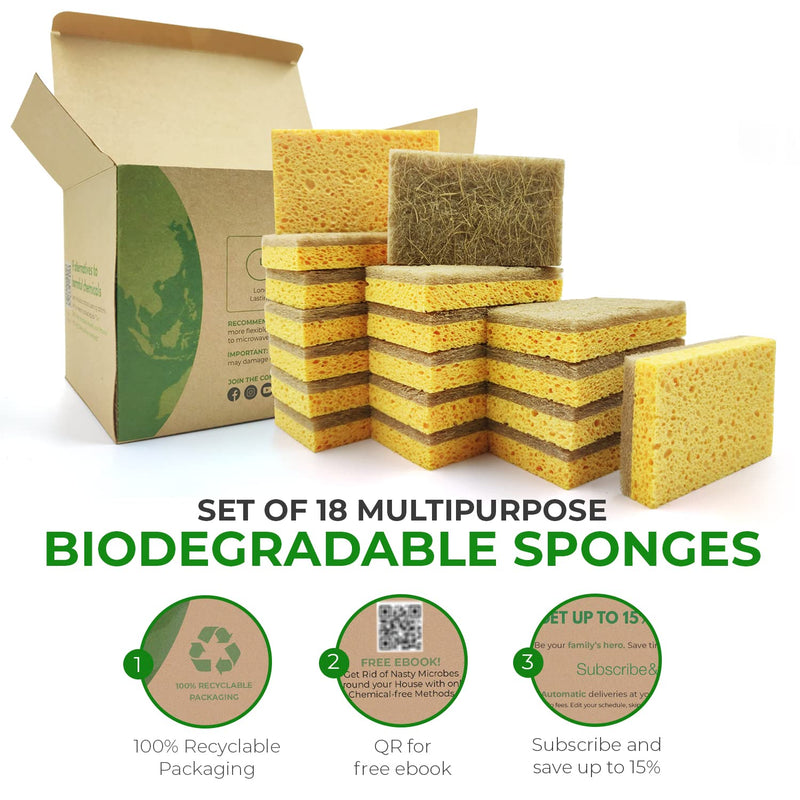AIRNEX 18 Pack Biodegradable Natural Kitchen Sponge - Compostable Cellulose and Coconut Walnut Scrubber Sponge - Eco Friendly Sponges for Dishes