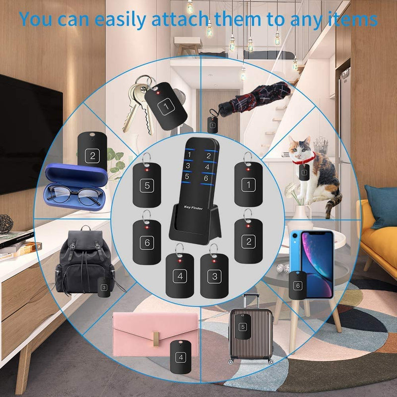 Key Finder RF Item Locator - Wireless Key Tracker with 6 Receivers, 95DB Loud Beeping Sound and 115 Feet Remote Control for Finding Pet Keys Phone Luggage Black