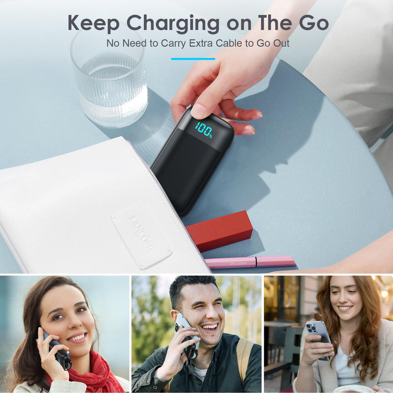 [AUSTRALIA] - Small Portable Charger with Built in Cables, Ultra-Compact 13800mAh PD Fast Charging USB C Power Bank, 4 Output LCD Display Battery Pack Phone Charger Compatible with All iPhone,Samsung,Android Phone Black 