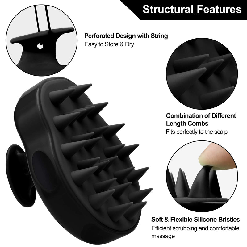 FREATECH Scalp Massager Shampoo Brush with Soft & Flexible Silicone Bristles for Hair Care and Head Relaxation, Ergonomic Scalp Scrubber/Exfoliator for Dandruff Removal and Hair Growth, Black