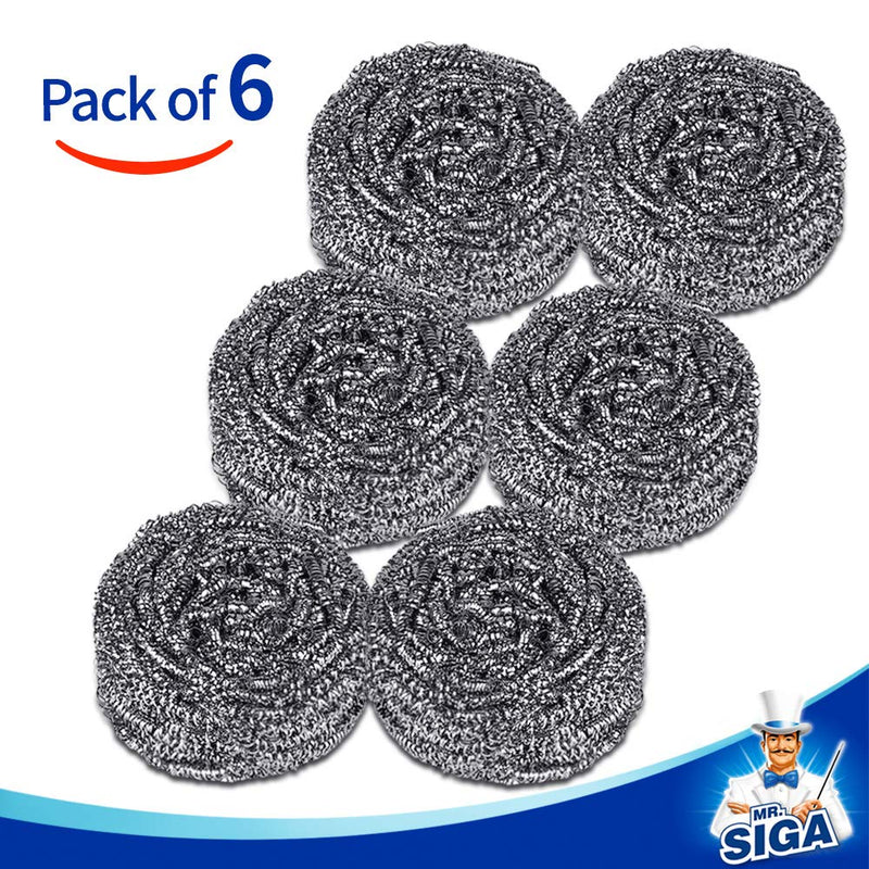 MR.SIGA Stainless Steel Scourer, Pack of 6, 30g 6 Pack - Stainless Steel