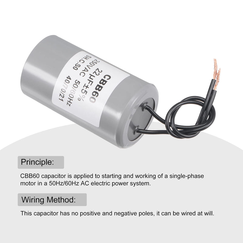 MECCANIXITY CBB60 Run Capacitor 22uF 250V AC 2 Wires 50/60Hz Cylinder 73x42mm for Air Compressor Water Pump Motor