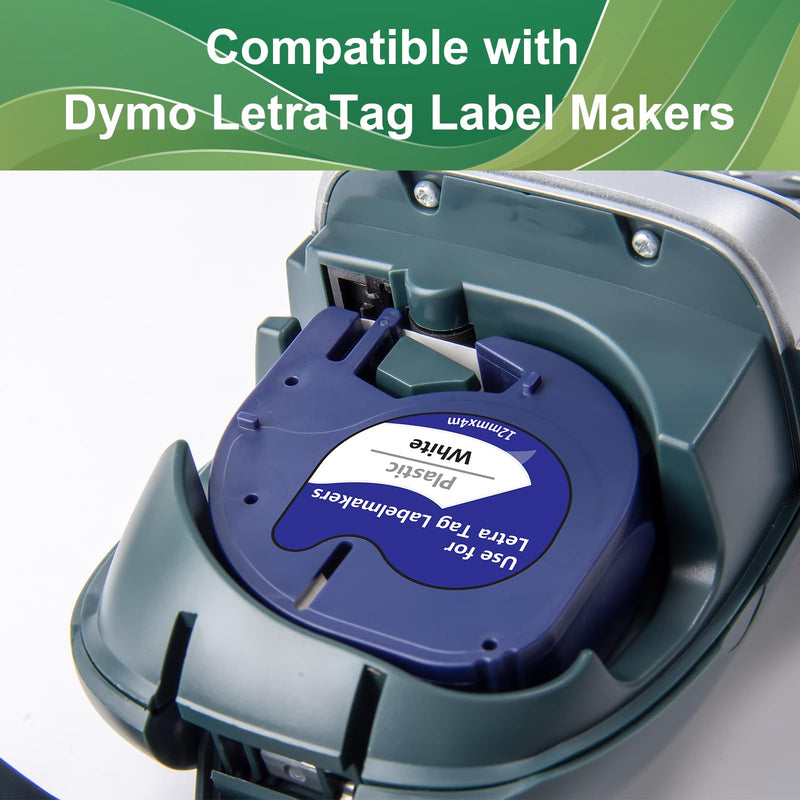 YUANQIMM Compatible Dymo Label Maker Refills Replacement for LetraTag White Plastic Refills 91331 S0721660 Black on White Tape for LT100H LT100T QX50 Printer, 12mm x 4m, 1/2" x 13', 10 Pack 91331 Black on White