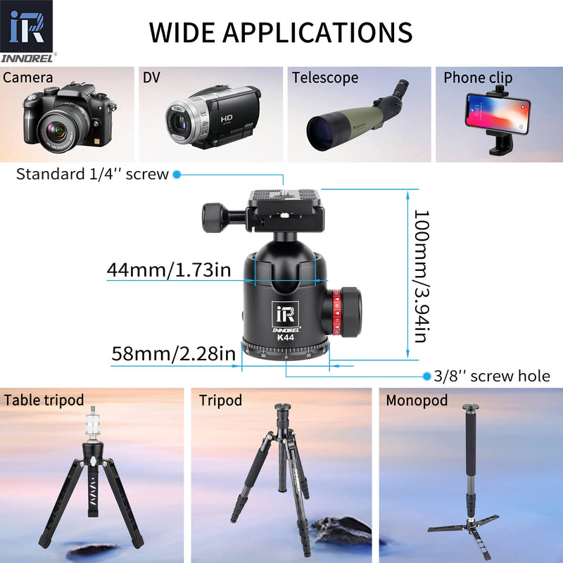DSLR Camera Tripod Ball Head INNOREL K44 Max Load 55lb/25kg 44mm Ball Diameter CNC Aluminum Alloy U-Shaped Groove Design for Easy Switching Into Vertical Mode