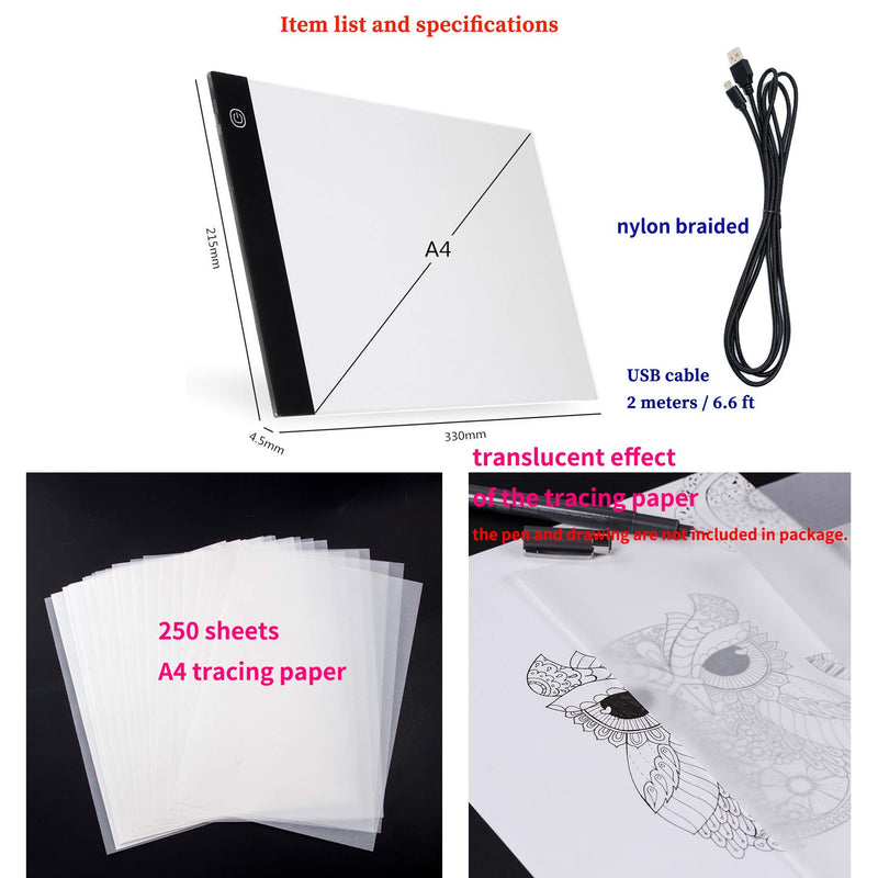 A4 Size Ultra-Thin Portable Tracer LED Artcraft Tracing Pad Light Box w Adjustable Dimmable Brightness Copy Board for Artists, Tattoo Drawing, Streaming, Sketching (LED pad a4 + a4 Paper 250pcs) LED pad a4 + a4 paper 250pcs