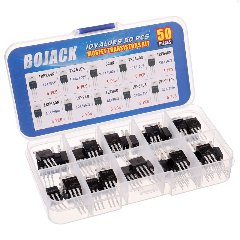 BOJACK 10 Values 50 Pcs IRFZ44N IRF510N IRF530N IRF540N IRF640N IRF740 IRF840 IRF3205 IRF9540 IRF Series transistors MOSFET Assortment Kit