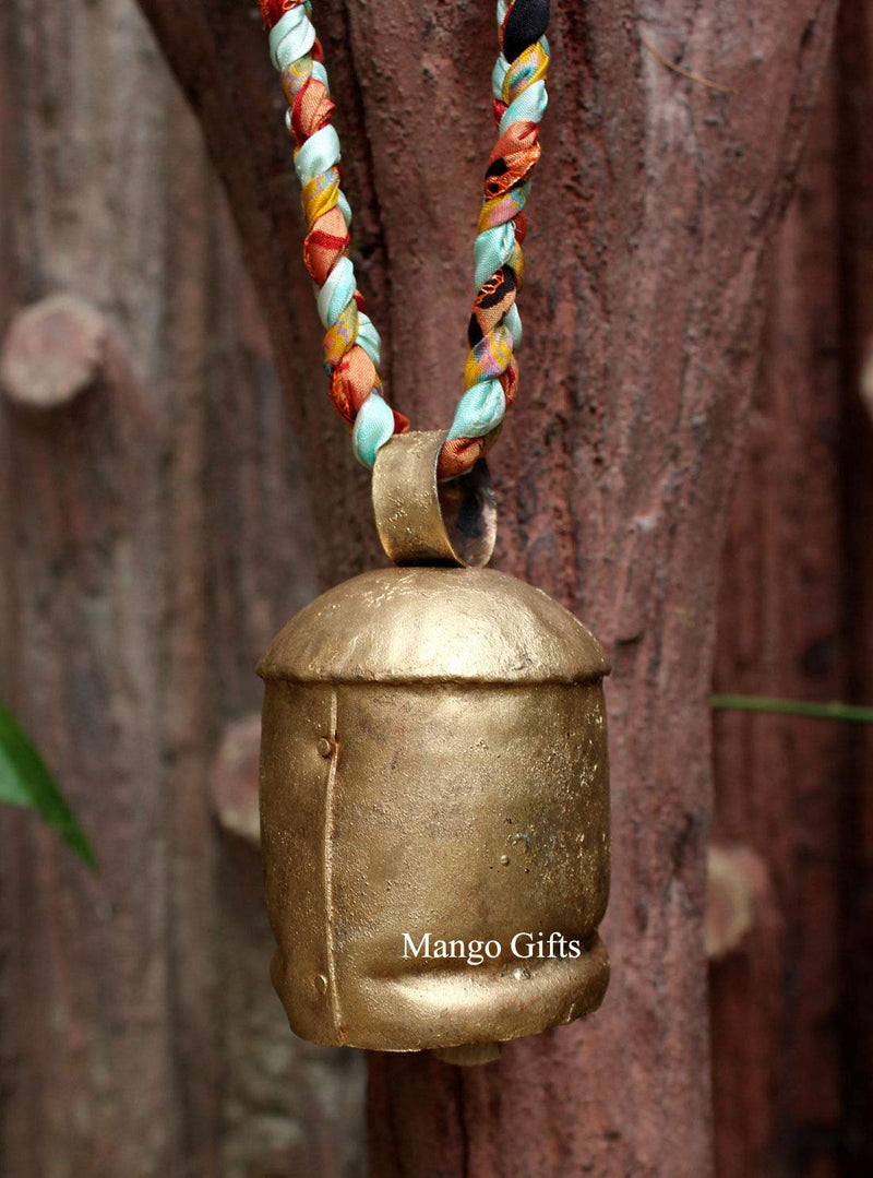 4" Cow Bell with Hand Woven Fabric Rope