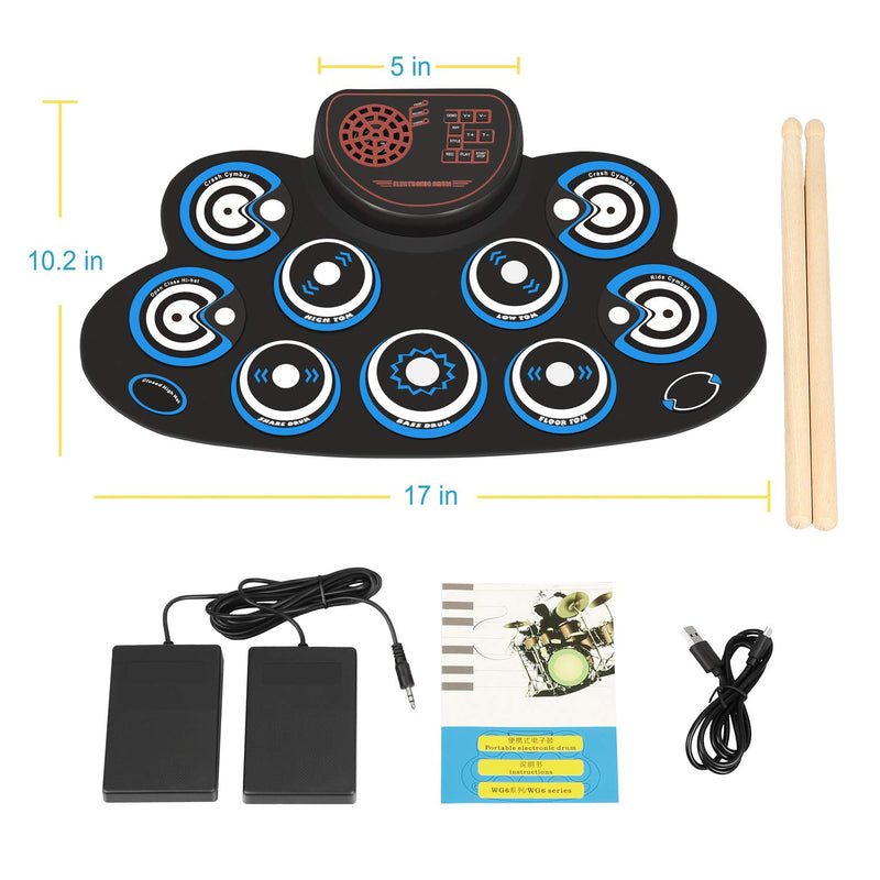 Electronic Drum Set Kids Foldable Practice Drum Pad Rechargeable Drum Kit, Built in Speakers Foot Pedals,Drum Sticks, Birthday Gift for Beginners (Blue) Blue