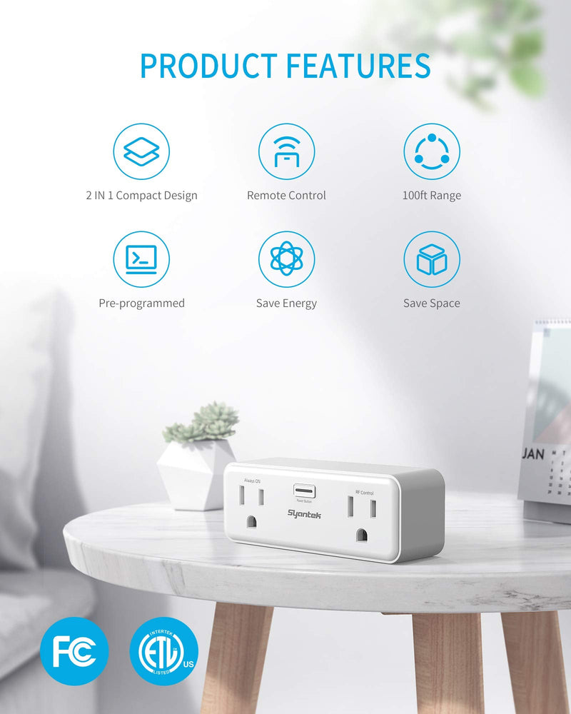 Syantek Wireless Remote Control Outlet for Home Appliances, Remote Switch Outlets up to 100ft Range, Programmable Remote Control Plug Outlet Kit, FCC Certified, White (2 Outlets + 1 Remote)