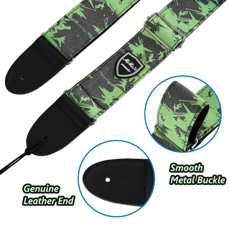 MIMIDI Green Cool Guitar Straps - 100% Cotton Acoustic Electric Guitar Strap with Pick Holder & Leather Ends, Woven Bass Straps for Men/Women/Youth/Kids (Graffiti Pattern)
