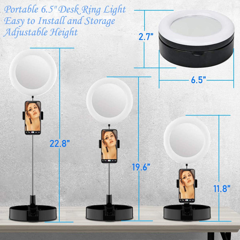 6.5" Desk Ring Light, Video Conference Recording Photography with Stand, Makeup Mirror & Phone Holder, 3 Light Modes with Remote for YouTube/Streaming/Tiktok, Selfie Foldable