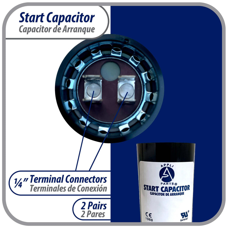 Appli Parts motor start capacitor 216-259 Mfd (microfarads) uF 330VAC universal fit for electric motor applications 1-3/4 in Wide 3-3/8 in Height CON-216-330 330 Vac