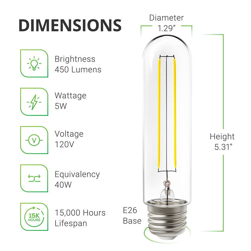 Sunco Lighting 10 Pack T10 LED Bulb, Dimmable, 5W=40W, 2700K Soft White, Vintage Filament Bulb, 450 LM, E26 Base, Restaurant or String Lights - UL