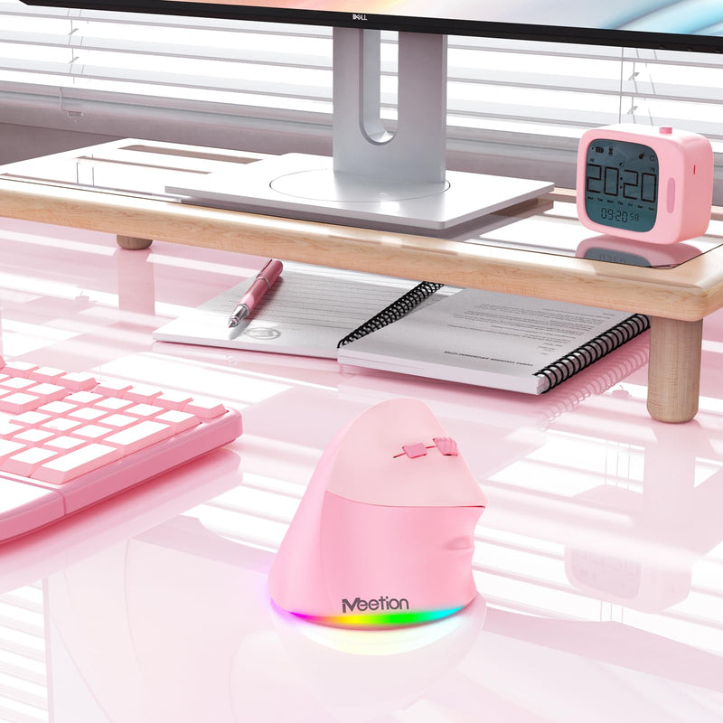 MEETION Ergonomic Mouse, Wireless Vertical Mouse RGB Backlit Rechargeable Mice for Bluetooth(5.2 + 3.0) & USB-A with Type-c Adapter 4 Adjustable DPI Compatible Mac/Windows/Andriod/PC/Tablet/iPad Pink Right-Handed