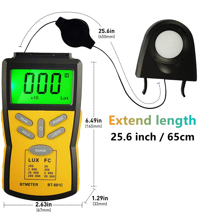 BTMETER Digital Illuminance Light Meter BT-881C,Lumen/FC Photometer,Luxmeter Sensor Measure 0.1~200000 Lux (0.01~20000FC) Lights,Bright Tester for Photography, Plant, Foot Candle