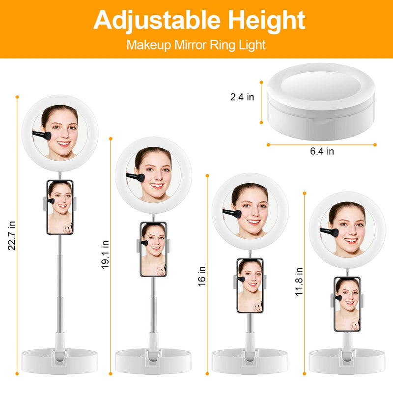 Ring Light with Mirror Tripod Stand Phone Holder, 6" Foldable Lighted Makeup Mirror with Lights, OldShark LED Selfie Ring Light for Traval /Live Streaming/YouTube, 3 Color Modes and 10 Brightness