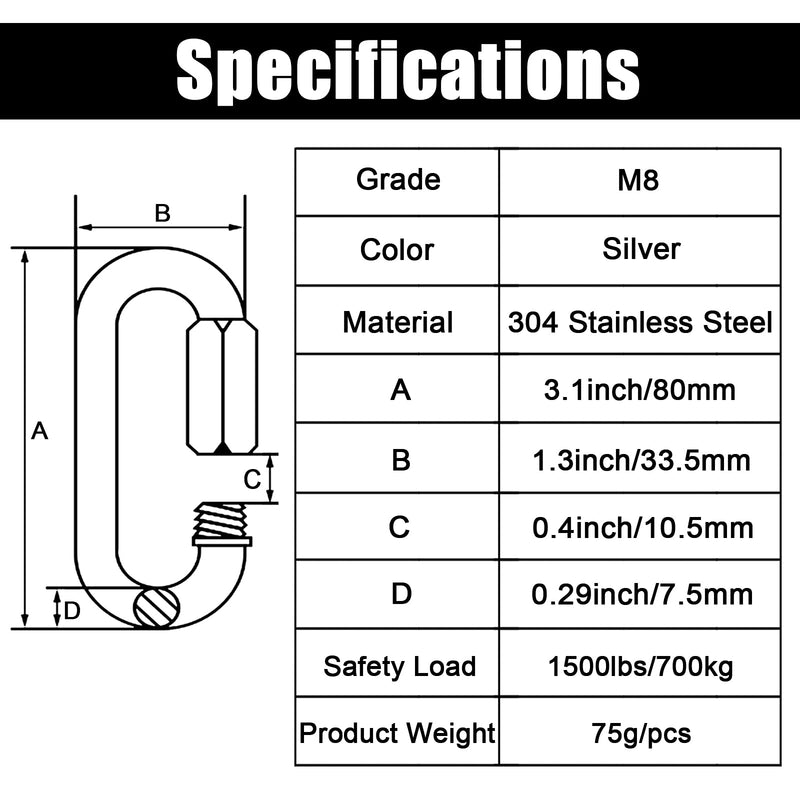 Anvin 2 Pack Quick Link M8 5/16 Inch Heavy Duty Carabiner D Shape Chain Links 1500LB Capacity Repair Utility Links Safety Chain Connector for Camping Outdoor Equipment Locking Hammocks Harness Leash M8 2 Pack