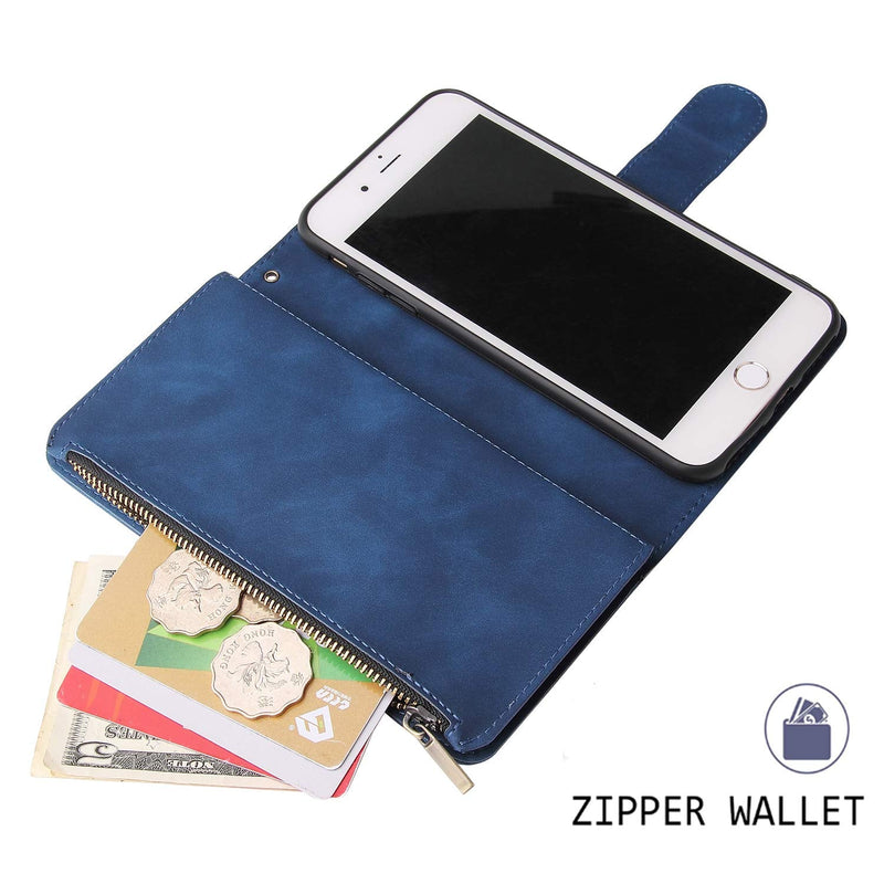 [AUSTRALIA] - UEEBAI Wallet Case for iPhone SE 2022 5G/iPhone 7/iPhone 8/iPhone SE 2020, Premium PU Leather Magnetic Handbag Zipper Pocket Card Slots with Wrist Strap Flip Case for iPhone SE3/SE2 - Blue 