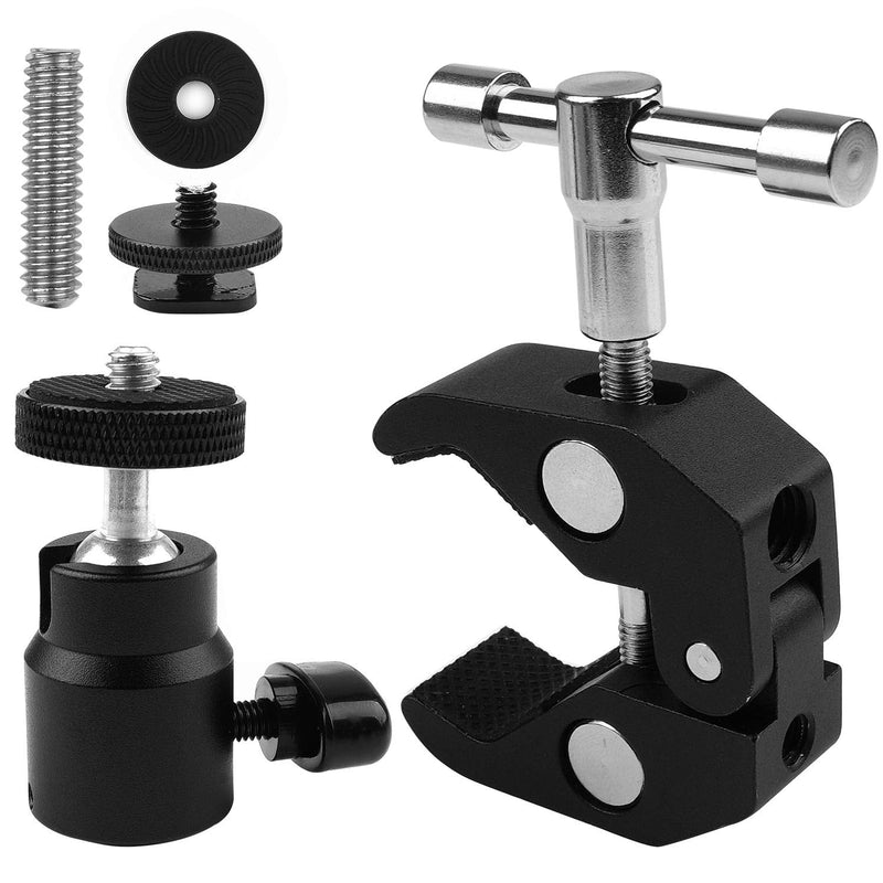 ChromLives Camera Clamp Mount Ball Head Monitor Clamp Super Clamp and Mini Ball Head Hot Shoe Mount with 1/4''-20 Tripod Screw for LCD/DV Monitor, LED Lights, Flash,Microphone and More 2Pack