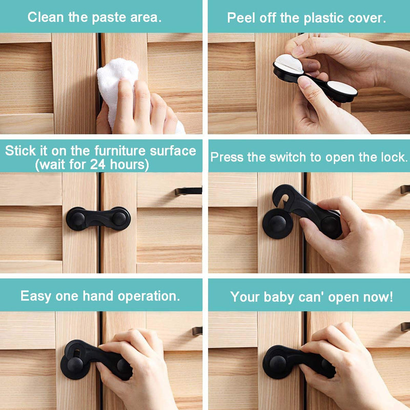 Child Safety Cabinet Locks (10 Pack) - Baby Proofing Latches Lock for Drawers, Toilet Seat, Fridge, Oven, with 10 Extra 3M Adhesives (Black) Black