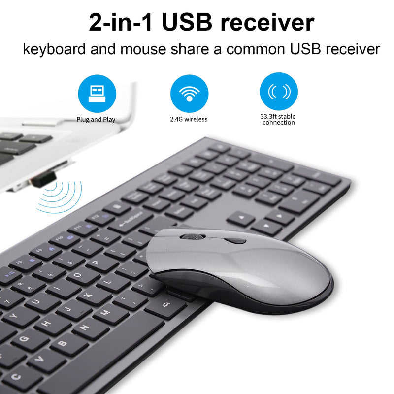Wireless Keyboard and Mouse, Ultra-Thin Full-Size Keyboard Mouse Combo with USB Receiver, Quiet Click, 2400 DPI, Cordless Scissor Switch Keyboard Set for Laptop PC Computer Windows Mac - Black Gray KM426-Gray