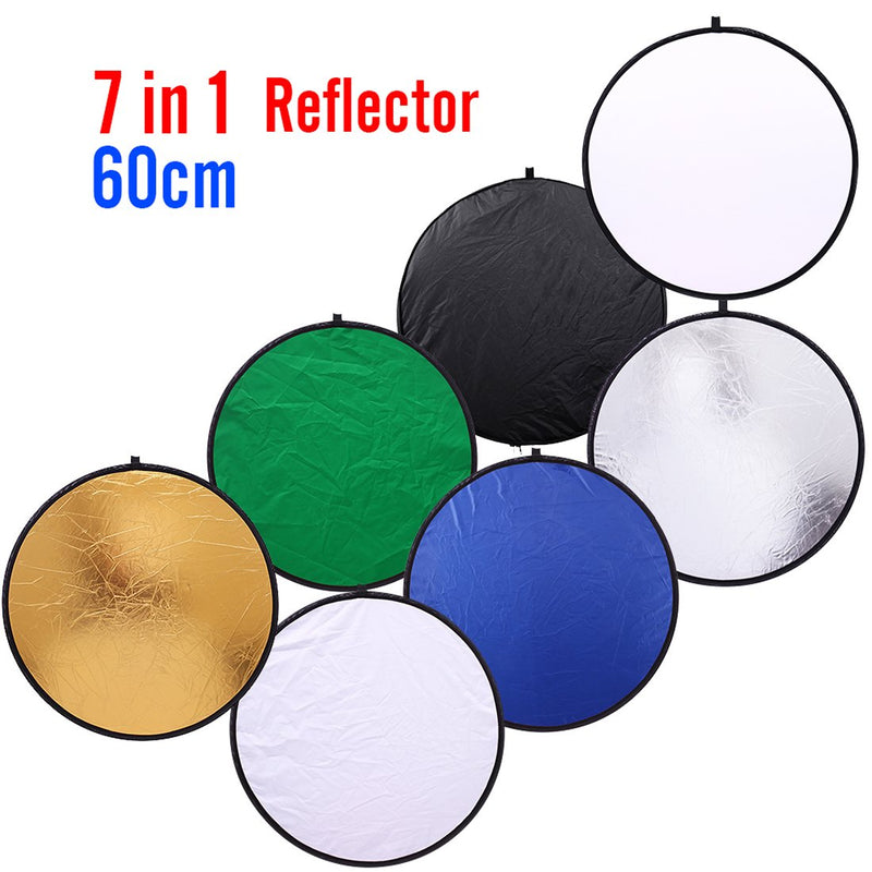 24 inch (60cm) Round Collapsible Light Reflectors for Photography 7 in 1 Portable Sun Reflector for Studio Multi Photo Disc White,Blue,Green,Gold,Silver,and Black 24" 7 IN 1