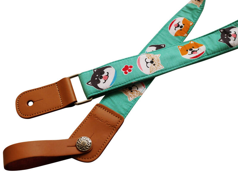 MUSIC FIRST Original Design Turquoise/Mint “Mint Shiba Inu Dog” Soft Cotton & Genuine Leather Ukulele Strap Ukulele Shoulder Strap With a MUSIC FIRST Genuine Leather Strap Locker