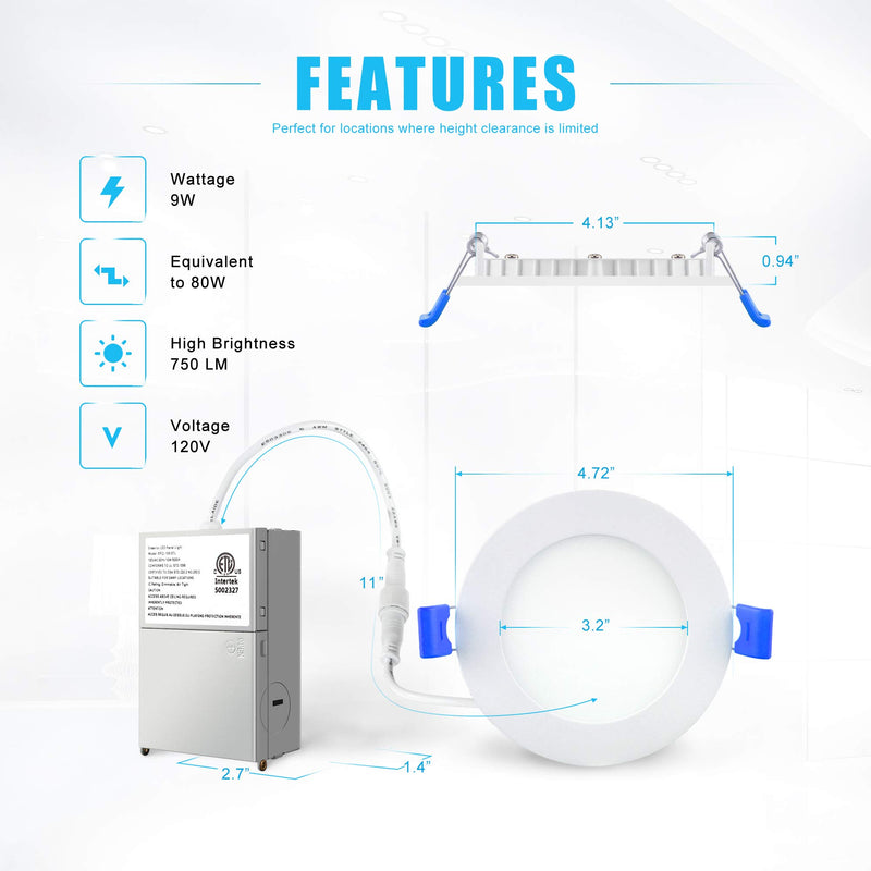 Ensenior 1 Pack 4 Inch Ultra-Thin LED Recessed Ceiling Light with Junction Box, 5000K Daylight, 9W 75W Eqv, Dimmable Can-Killer Downlight, 750LM High Brightness - ETL and Energy Star Certified 5000k - Daylight