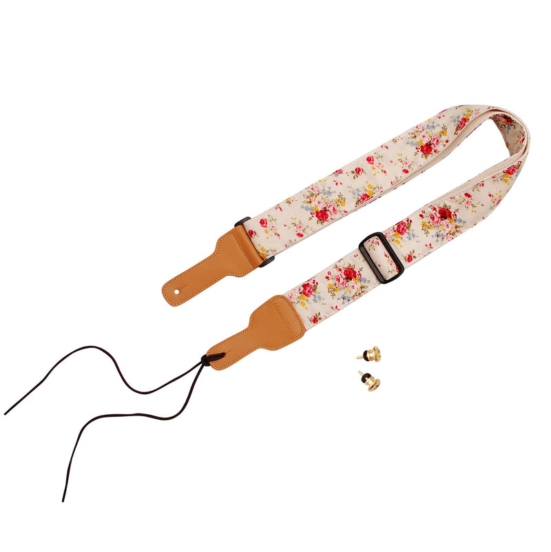 MUSIC FIRST Original Design, 2 inch width (5cm), “Rosa Multiflora in Cream” Padded Soft Cotton & Genuine Leather Guitar Strap, Ukulele Strap, Mandolin Strap