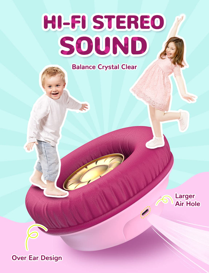 iClever Kids Bluetooth Headphones with LED Lights, BTH18 Safe Volume 74/85/94dBA, 43H Playtime, Stereo Sound, USB-C, AUX Cable, Bluetooth5.3 Over Ear Kids Headphones Wireless for Tablet/Travel, Pink