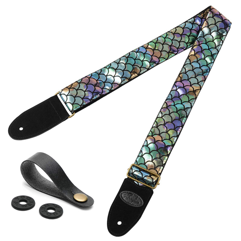 Guitar Strap Bling Mermaid Style 2 Strap Locks with 1 Strap Button - Cotton & Suede Leather Ends Strap for Acoustic & Electric Guitars, Bass Guitars (Bling Mermaid)