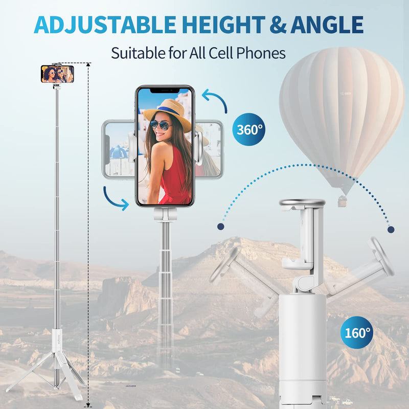 Sensyne 60" Phone Tripod & Selfie Stick, Lightweight All in One Phone Tripod Integrated with Wireless Remote Compatible with All Cell Phones for Selfie/Video Recording/Photo/Live Stream/Vlog (White)