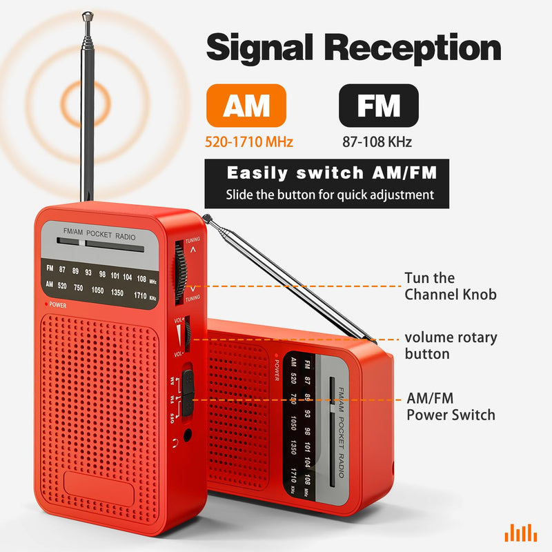 Portable Radio AM FM, Goodes Transistor Radio with Loud Speaker, Headphone Jack, 2AA Battery Operated Radio for Long Range Reception, Pocket Radio for Indoor, Outdoor and Emergency Use-Red New-Red
