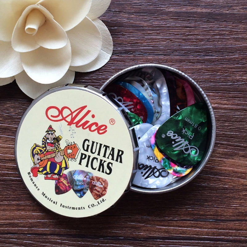 Alice 12pcs Celluloid Guitar Picks Mixed Thickness 0.46mm / 0.71mm / 0.81mm for Acoustic Electric Guitar, Colorful Plectrums in 1 Mini Round Metal Tin 12-Stück