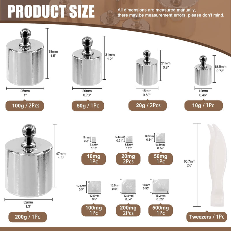 [AUSTRALIA] - Wokape 16Pcs 10 Sizes 10g 20g 50g 100g 200g Precision Steel Scale Calibration Weight Kit Test Weights Kits with Tweezers and Chip Calibration Weights for Digital Balance Scale Laboratory 500g + Chip Calibration Weights Kit 