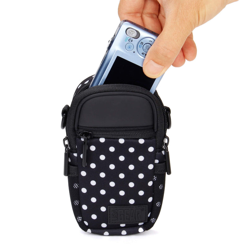 USA GEAR Compact Camera Case (Polka Dot) Point and Shoot Camera Bag with Accessory Pockets, Rain Cover and Shoulder Strap-Compatible with Sony CyberShot, Canon PowerShot ELPH, Nikon COOLPIX and More Polka Dot