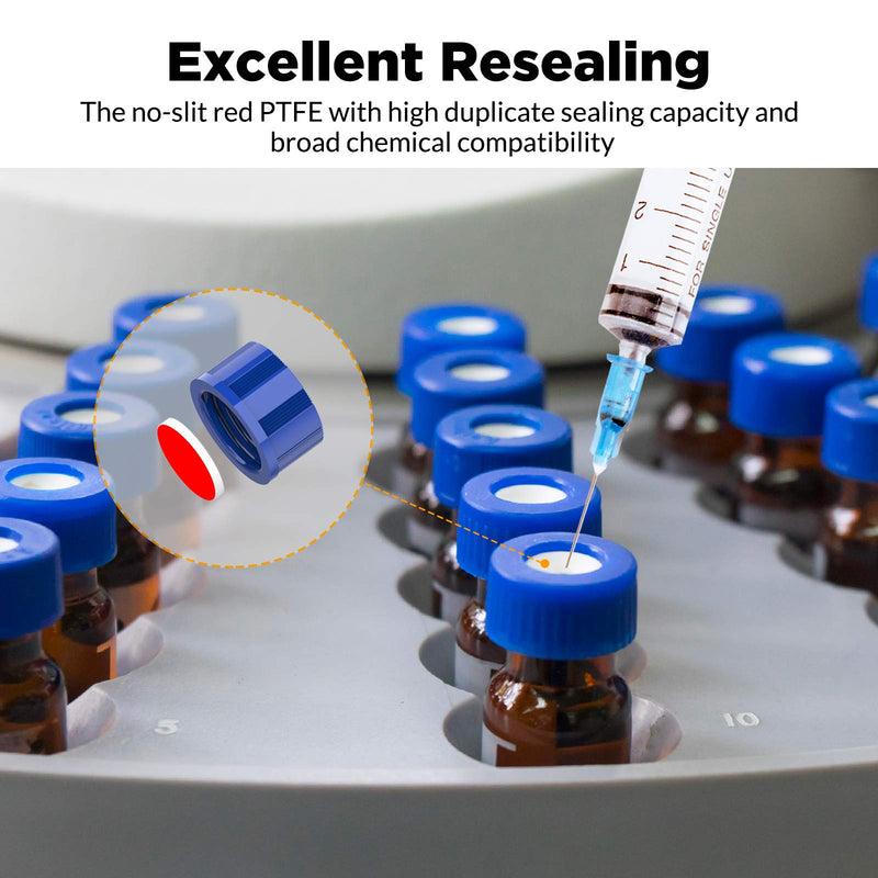 Autosampler Vials, Membrane Solutions 2ml HPLC Vials, 9-425 Lab Amber Vials with Write-on Spot and Graduations, 9mm Blue ABS Screw Caps & Septa for GC Sample Vials, 100 Pcs 100pcs Amber Vial & Red PTFE septa