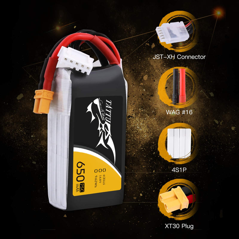 Tattu 14.8V 75C 4S 650mAh LiPo Battery Pack with XT30 Plug for 90 to150mm Size FPV Quadcopters