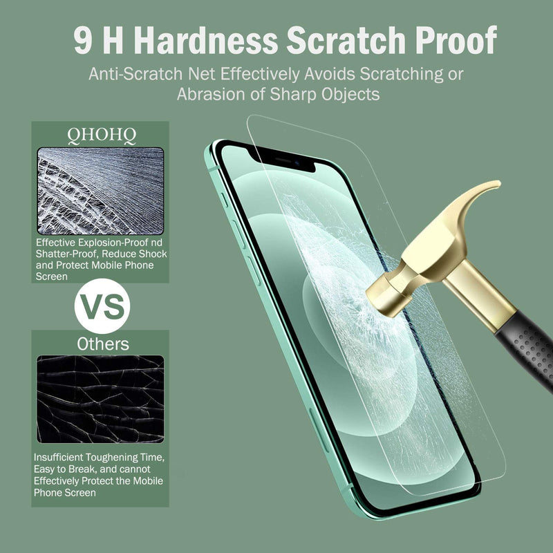 QHOHQ 3 Pack Screen Protector for iPhone 12 6.1” with 2 Packs Camera Lens Protector, HD Full Screen Tempered Glass Film, 9H Hardness, 2.5D Edge, Bubble Free, Scratch Resistant-Case Friendly Transparent