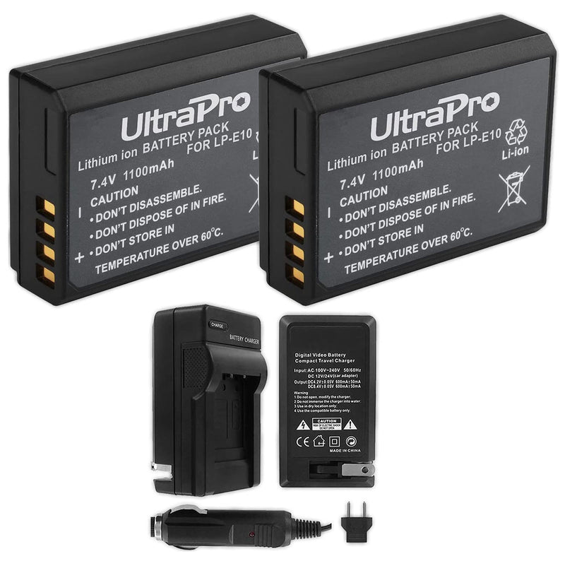 UltraPro LP-E10 Battery 2-Pack Bundle Li-Ion 1100mAh Batteries with Rapid Travel Charger for Select Canon Cameras Including EOS Digital Rebel T3, T5, T6, T7, 1100D, 1200D, 1300D, Kiss X50, and X70
