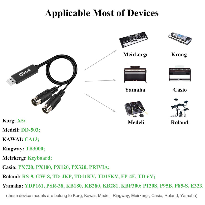 [AUSTRALIA] - OTraki USB MIDI Cable Converter 2.0 3.0 USB Interface to IN-OUT MIDI Cord 6.5ft with FTP Processing Chip + 5 PIN DIN Perfect Works for PC Laptop to Professional Piano Keyboard in Home Music Studio 