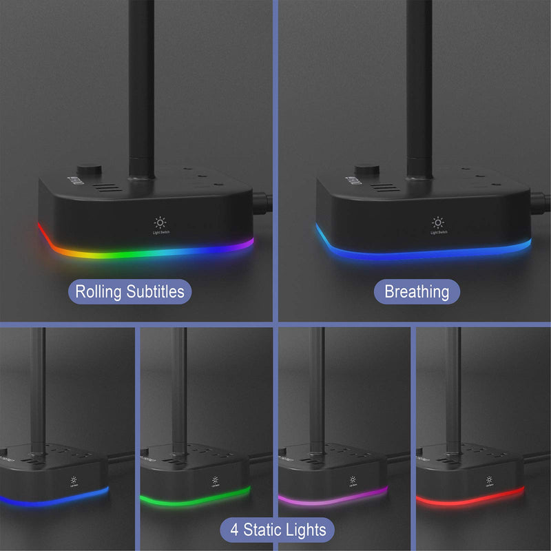 Gaming Headset Stand with 3 USB Ports, TROND 3-Outlet Power Strip, 5ft Extension Cord Charging Station with Headphone Holder, Touchable RGB LED Lighting, for Gamer DJ Desk Table, Black