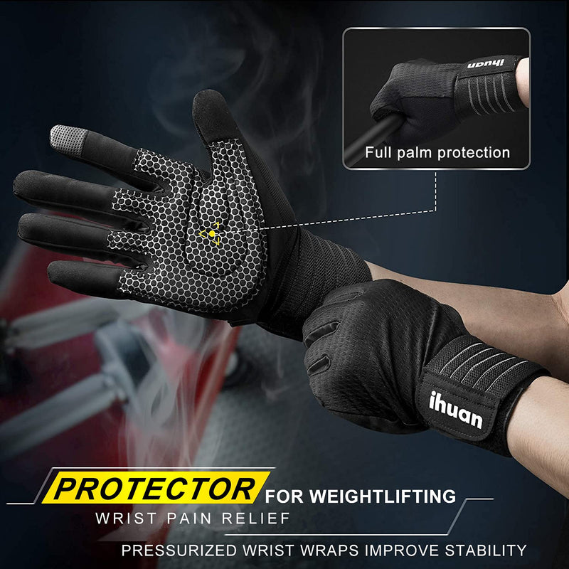 Ihuan Weight Lifting Gym Workout Gloves Full Finger with Wrist Wrap Support for Men & Women, Full Palm Protection, for Weightlifting, Training, Fitness, Hanging, Pull ups Black Small