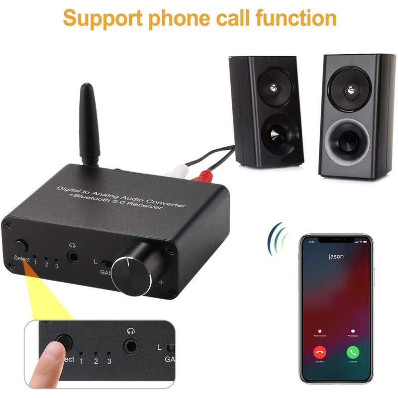 192kHz Digital to Analog Converter Bluetooth 5.0 Receiver DAC with 16-300Ω Headphone Amplifier Optical/Coaxial to RCA 3.5mm Audio Output with Volume Control for TV Phone Tablet (Normal, Basic) normal