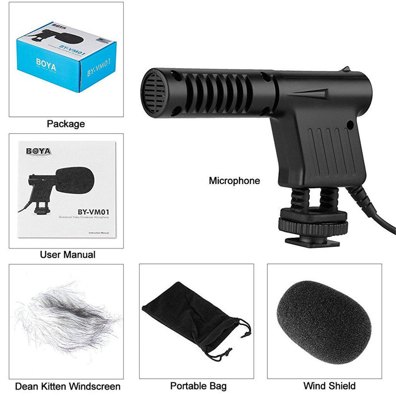 BOYA BY-VM01 Low Noise Directional Condenser Microphone Including Integrated Shock Mount & Windshield Compatible with Nikon D800 D3300 Canon 5D3 EOS T6i Sony A9 DSLR Camcorder DV