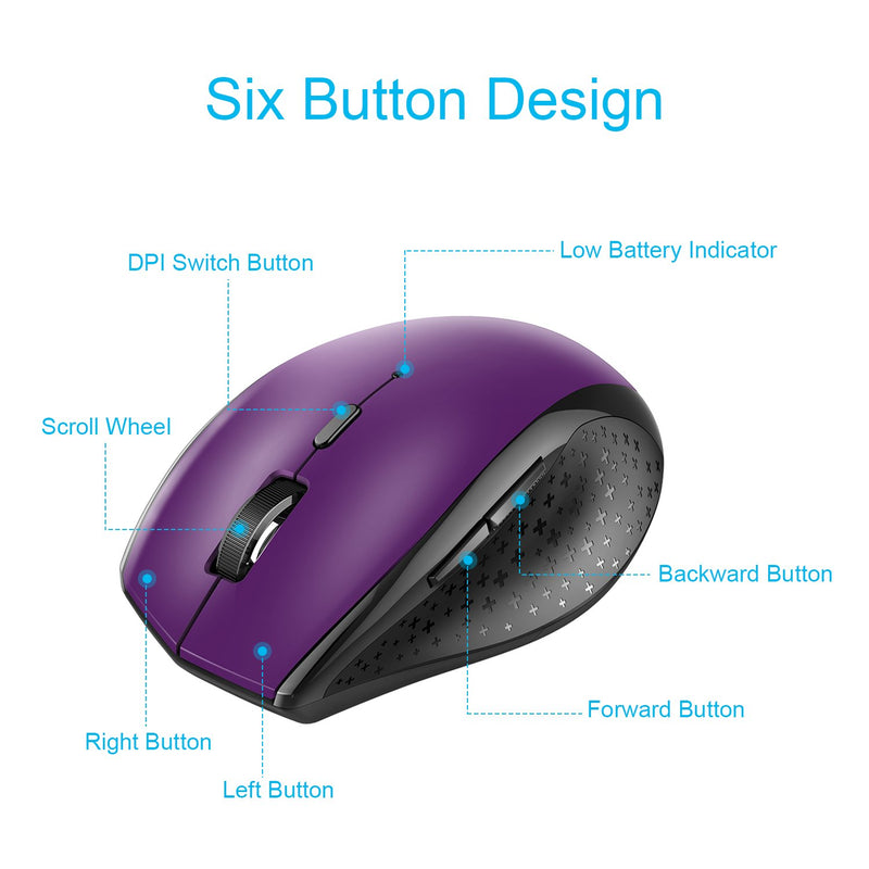 Bluetooth Wireless Mouse, TECKNET 5 Adjustable DPI Levels, 24-Month Battery Life, 6 Buttons Compatible for Ipad/Laptop/Surface Pro/Windows Computer/Chromebook-Purple Purple