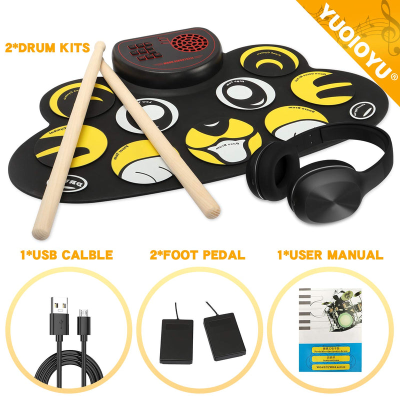 YUOIOYU Electronic Drum Set - 9 Pad Flexible Roll Up Drum Kit Practice Pad with Foot Pedals, Built in Speakers & Drum Sticks, Great Holiday Birthday Gift for Kids/Beginners
