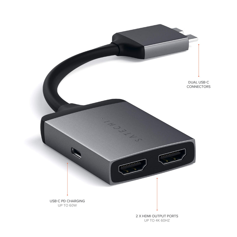 Satechi Aluminum Type-C Dual HDMI Adapter 4K 60Hz with USB-C PD Charging - Patent Pending - Compatible with 2020 MacBook Pro, 2020 MacBook Air, 2020 Mac Mini (Space Gray) Space Gray